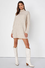 Positively Charming Heather Beige Turtleneck Mini Sweater Dress