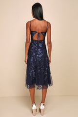 Charmingly Sophisticated Navy Blue Tulle Embroidered Midi Dress