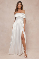 Greatest Hits White Satin Off-the-Shoulder Maxi Dress