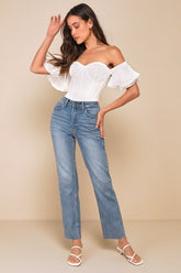 Enviable Aura Medium Wash High-Rise Raw Hem Straight Leg Jeans