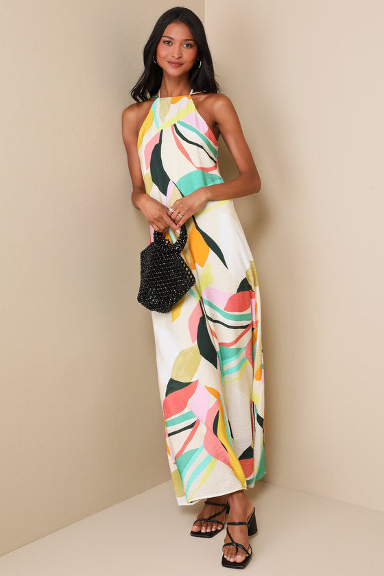 Wonderful Bliss Beige Multi Abstract Print Backless Maxi Dress