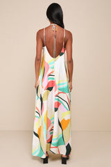Wonderful Bliss Beige Multi Abstract Print Backless Maxi Dress