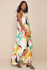 Wonderful Bliss Beige Multi Abstract Print Backless Maxi Dress