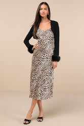 Beyond Confident Leopard Print Satin Slip Dress and Shrug Set