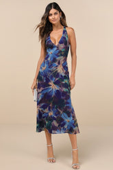 Delight in Elegance Navy Blue Multi Floral Halter Midi Dress