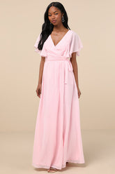 Convincing Grace Light Blush Flutter Sleeve Wrap Maxi Dress
