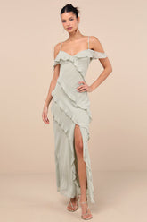 Elara Light Sage Ruffled Maxi Dress