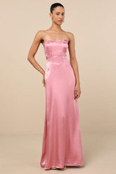 Extraordinary Presence Pink Satin Strapless Maxi Dress