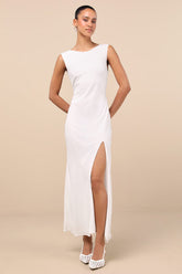 Yaneli White Boat Neck Cowl Back Maxi Dress