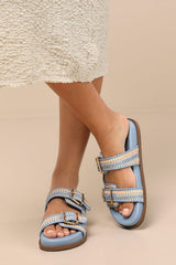 Naomi Sporty Beige and Sky Blue Woven Buckle Slide Sandals