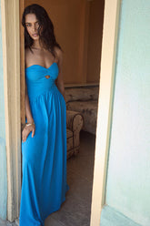 Rozala Bright Blue Pleated Strapless Maxi Dress
