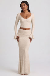 Draped Low-Rise Lace Maxi Skirt in Ivory