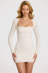 Scalloped-Lace Long-Sleeve Mini Dress in White