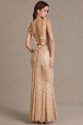 Embellished Open-Back Maxi Dress in Gold