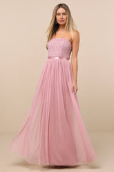 Lonica Mauve Sequin Beaded Strapless Maxi Dress