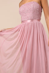 Lonica Mauve Sequin Beaded Strapless Maxi Dress