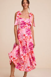 Fleurette Pink Floral Tie-Strap Midi Dress