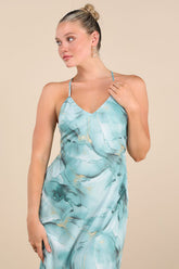 Bright Charm Light Blue Abstract Print Chiffon Slip Midi Dress