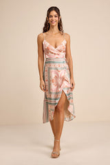 Bensley Beige Multi Boho Print Satin Wrap Midi Dress