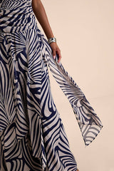 Calista Navy Print Ruched Drop Waist Maxi Dress