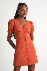 Adored Cutie Orange Corduroy Button-Front Mini Dress