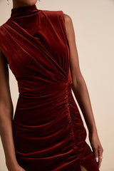 Alluring Image Rust Red Ruched Velvet Mock Neck Maxi Dress