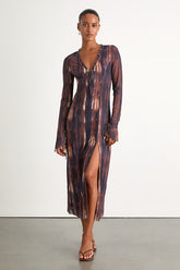Aymeline Navy and Brown Abstract Long Sleeve Midi Dress