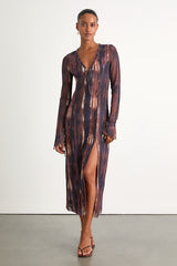 Aymeline Navy and Brown Abstract Long Sleeve Midi Dress