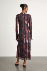 Aymeline Navy and Brown Abstract Long Sleeve Midi Dress