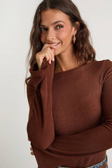 Maelis Dark Brown Ribbed Knit Long Sleeve Boat Neck Top