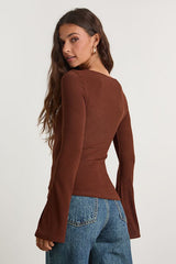 Maelis Dark Brown Ribbed Knit Long Sleeve Boat Neck Top