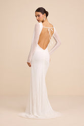 Mariani White Sequin Beaded Backless Long Sleeve Maxi Dress
