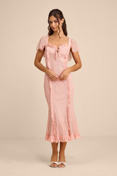 Aviara Light Pink Lace Ruffled Flutter Sleeve Midi Dress