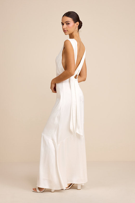 Taniya White Satin Tie-Back Maxi Dress