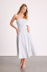 Kaletta Blue and Ivory Striped Eyelet Embroidered Midi Dress