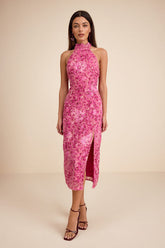 Lana Fuchsia Floral Jacquard Halter Midi Dress
