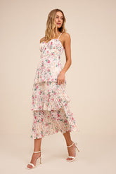 Cascading Crush Ivory Floral Print Tiered Bustier Midi Dress