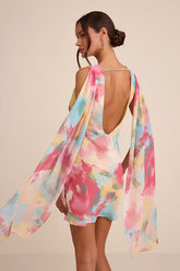 Siya Pink Multi Abstract Print Cowl Sash Mini Dress