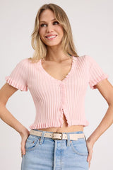 Keighlen Light Pink Ribbed Ruffled Short Sleeve Sweater Top