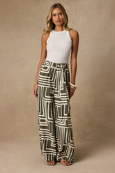 Azariah Olive Green Boho Print Wide-Leg Pants