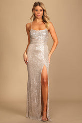 Evenings of Elegance Silver Sequin Lace-Up Maxi Dress