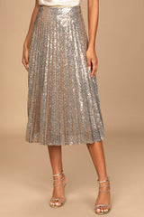 Glamorous Occasion Rose Gold Sequin Pleated Midi Skirt