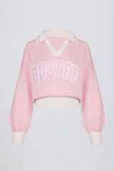 Cotton Jersey Oversized V-Neck Jumper in Powder Pink