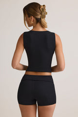 Modal Ribbed Mid-Rise Foldover Shorts in Black