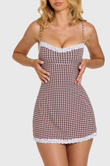 Modal Lace-Trim Mini Dress in Brown Gingham