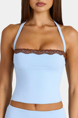 Modal Lace-Trim Halterneck Top in Arctic Blue