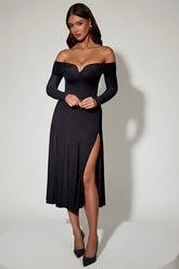 Off-Shoulder Lace-Up A-Line Midaxi Dress in Black