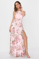 Romantic Marvel Pink Floral Print Halter Neck Maxi Dress