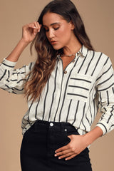 Amelia Dawn Off-White Striped Long Sleeve Button-Up Top