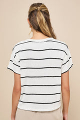 Laid-Back Perfection White Striped Knit Short Sleeve Top